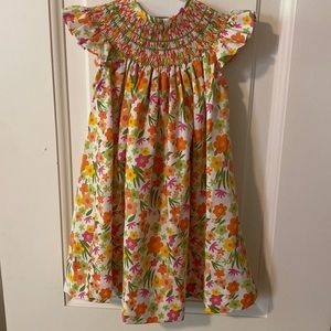 Classy Couture White Orange Pink Green Floral Smocked Dress 12 Months